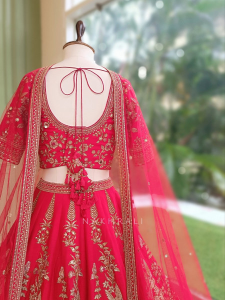 Rivisha Red Pure Raw Silk Bridal Lehenga Set With Reshma Zardozi & Peacock Embroidery