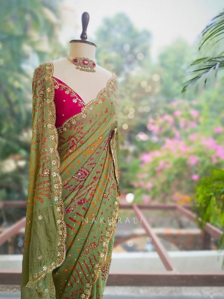 Sarang Pista Green  Bandhani Saree with Gota Border