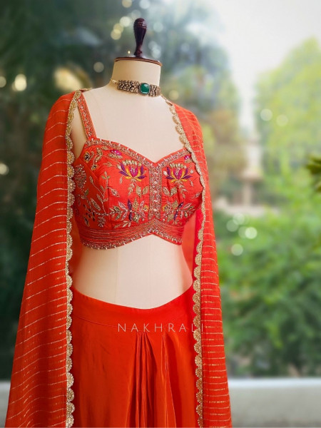 Aabha Orange Embroidered Crop Top Skirt Set with Cape