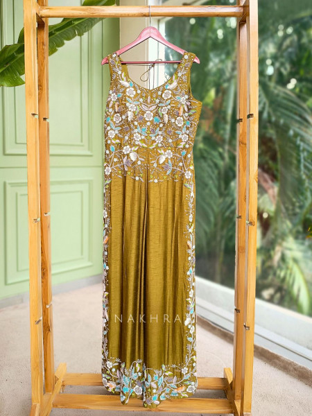 Emerald Bloom Mehendi Green Jumpsuit with Sequin & Bead Work
