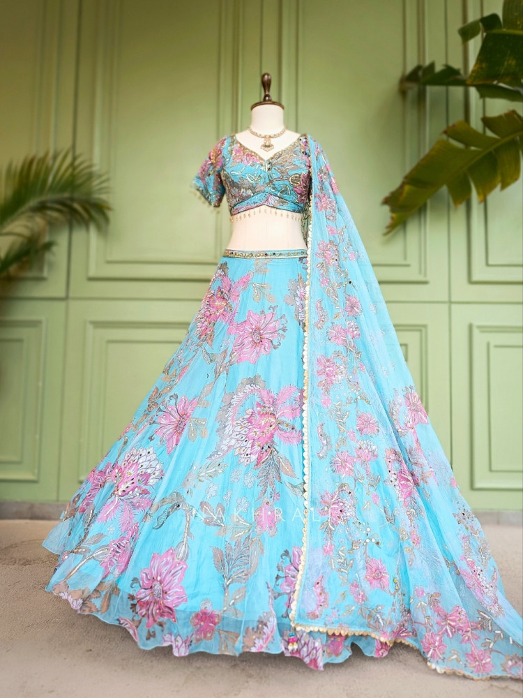 Image of Seraphina Firozi Organza Silk Lehenga Set