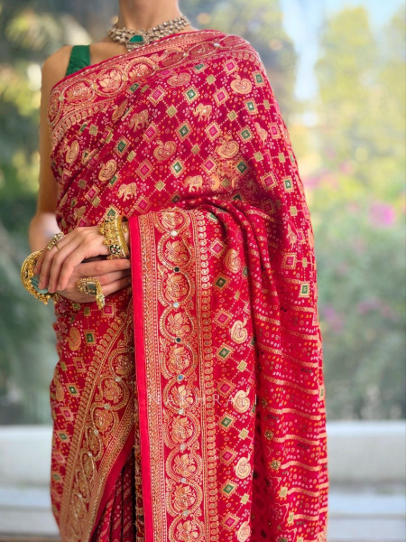 Zariyah Red Bandhani Saree with Zari Weave