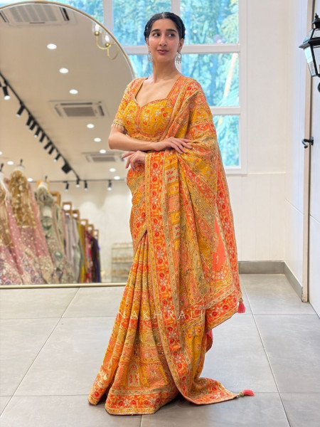 Kanakvalli Yellow Printed Saree with Ornate Embroidery