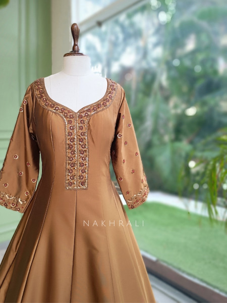 Imperial Blossom Brown Silk Blend Anarkali Suit Set