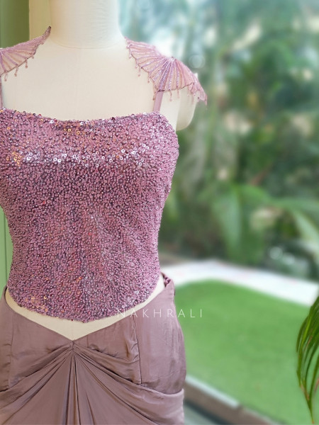 Shimmer Glow Dusty Mauve Crop Top Skirt Set With Sequin Corset & Ruffle Cape Detail