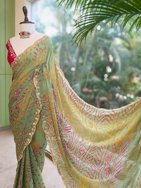 Sarang Pista Green  Bandhani Saree with Gota Border
