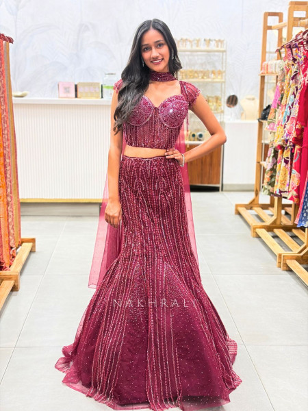 Velvetique Wine Corset Mermaid Lehenga