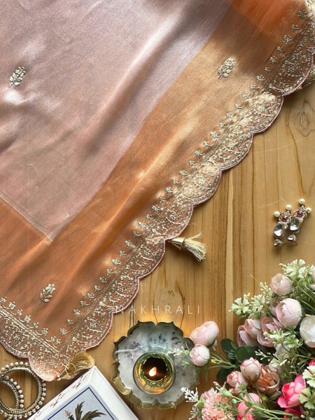 Skylight Peach Zari Weaved Saree with Embroidered Border