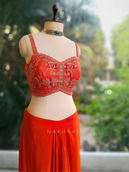 Aabha Orange Embroidered Crop Top Skirt Set with Cape