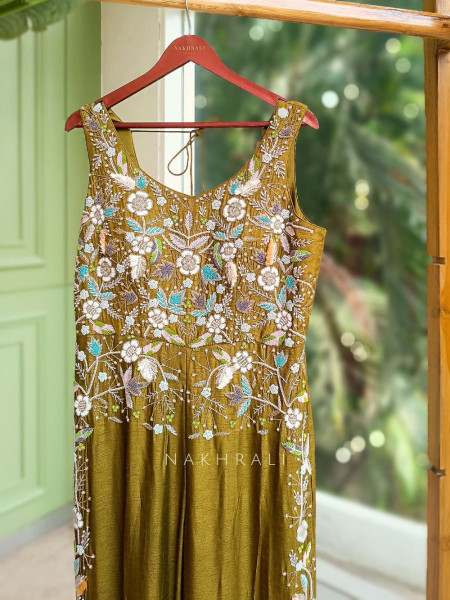 Emerald Bloom Mehendi Green Jumpsuit with Sequin & Bead Work