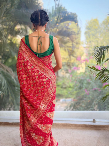 Zariyah Red Bandhani Saree with Zari Weave