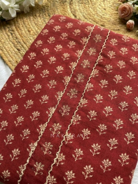 Kirtima Red Cotton Dress Material with Block Print