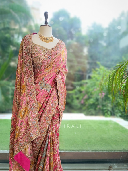 Abhlasha Pink Printed Saree with Readymade Blouse