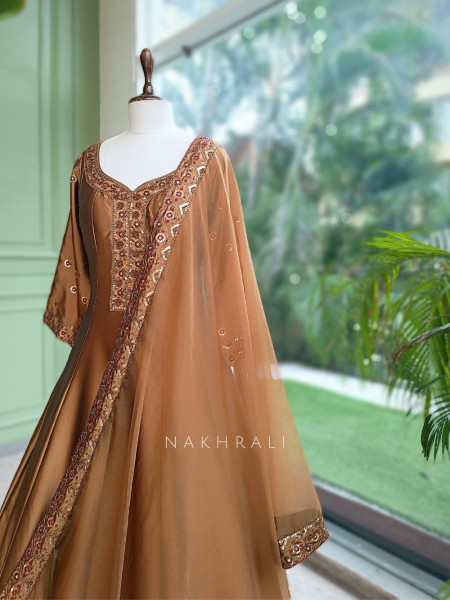 Imperial Blossom Brown Silk Blend Anarkali Suit Set