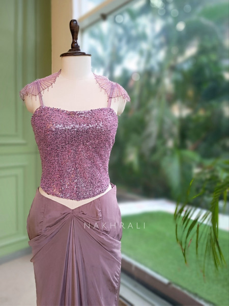 Shimmer Glow Dusty Mauve Crop Top Skirt Set With Sequin Corset & Ruffle Cape Detail