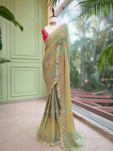 Sarang Pista Green  Bandhani Saree with Gota Border