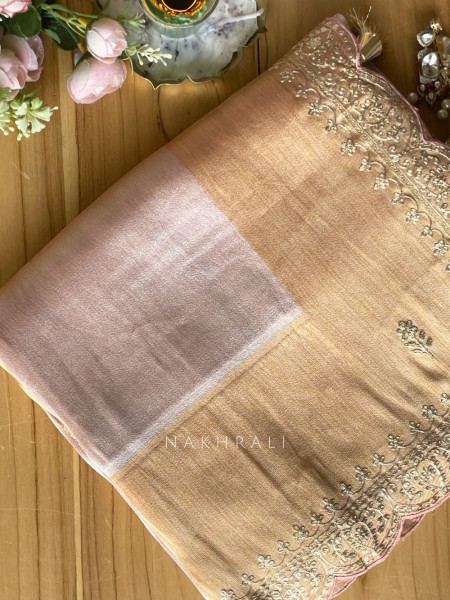 Skylight Peach Zari Weaved Saree with Embroidered Border