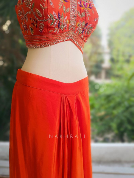 Aabha Orange Embroidered Crop Top Skirt Set with Cape