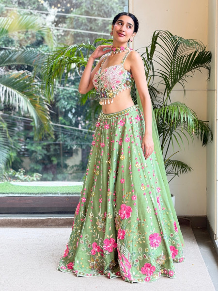 Amoret  Green Raw Silk & Tulle Carnival Lehenga Set With 3D Floral, Cutdana & Cowrie Work