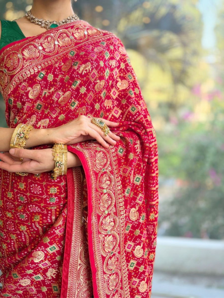 Zariyah Red Bandhani Saree with Zari Weave