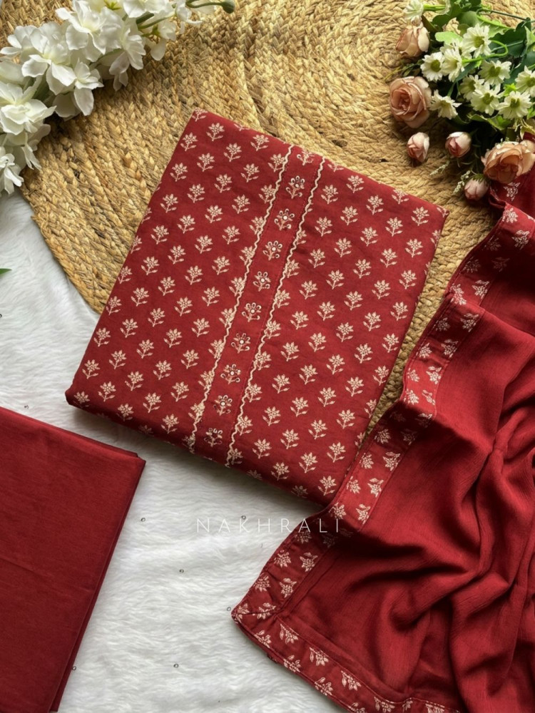 Image of Kirtima Red Cotton Dress Material with Block Print