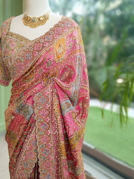 Abhlasha Pink Printed Saree with Readymade Blouse