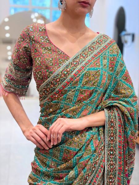 Alankar Rama Green Saree with Embroidery Sequin and Mirror Work