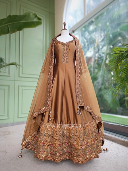 Imperial Blossom Brown Silk Blend Anarkali Suit Set