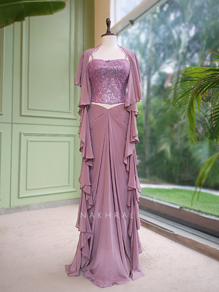 Image of Shimmer Glow Dusty Mauve Crop Top Skirt Set With Sequin Corset &amp; Ruffle Cape Detail