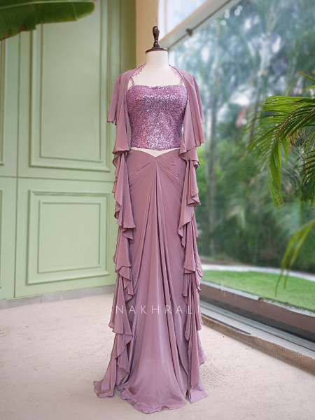 Shimmer Glow Dusty Mauve Crop Top Skirt Set With Sequin Corset & Ruffle Cape Detail
