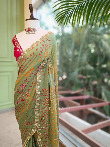 Sarang Pista Green  Bandhani Saree with Gota Border