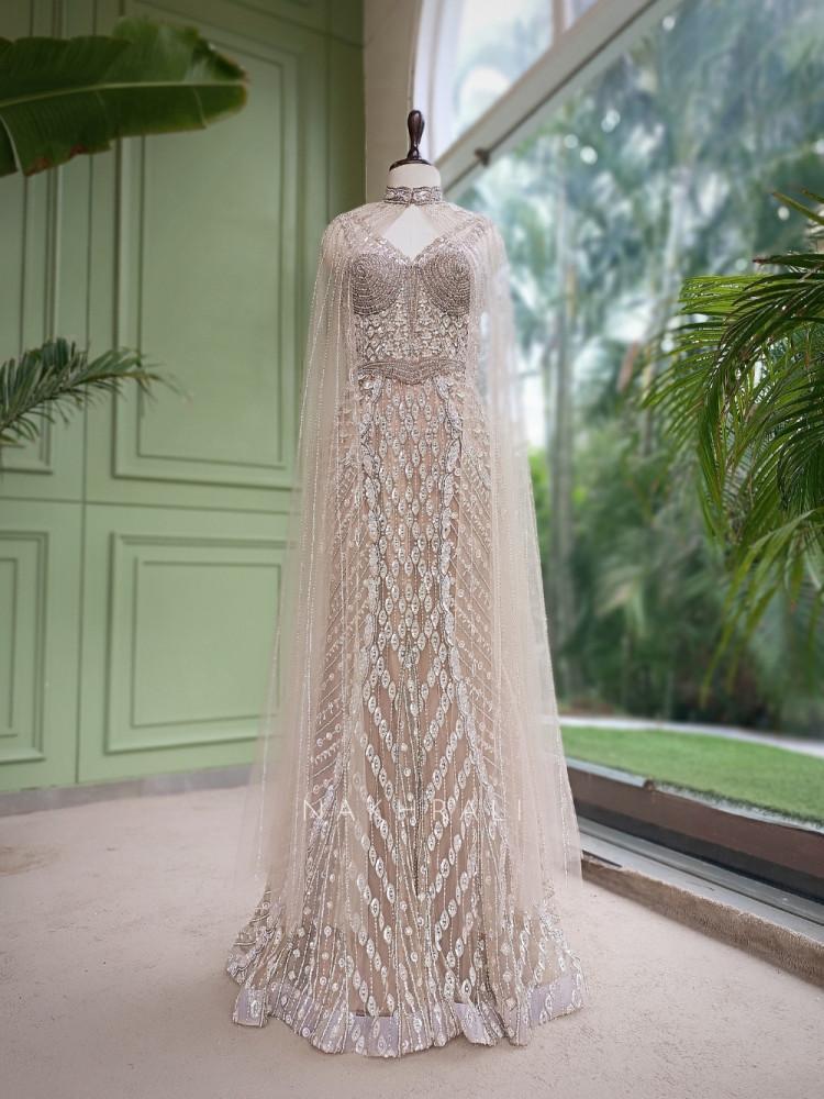 Image of Althea Glitz Cream Indo-Western Gown with Cape