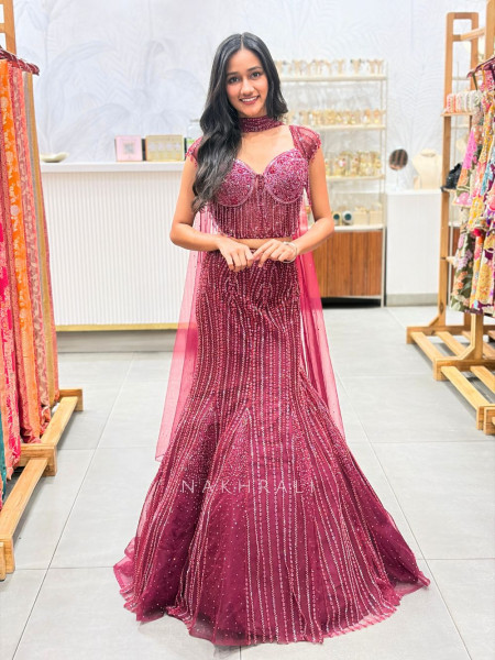 Velvetique Wine Corset Mermaid Lehenga