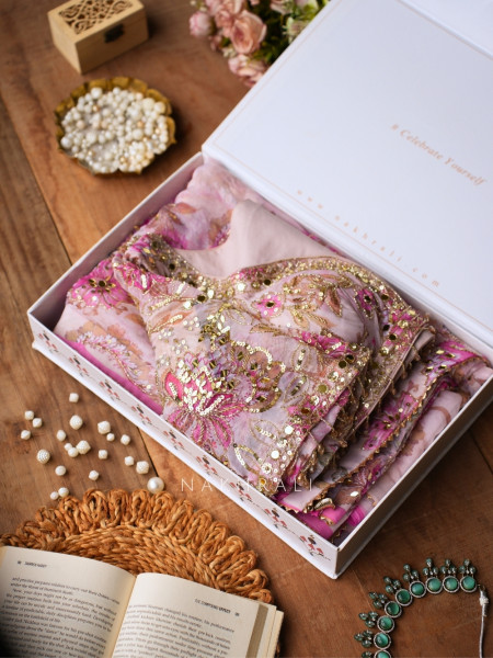Petal Gleam Pink Floral Silk Organza Saree
