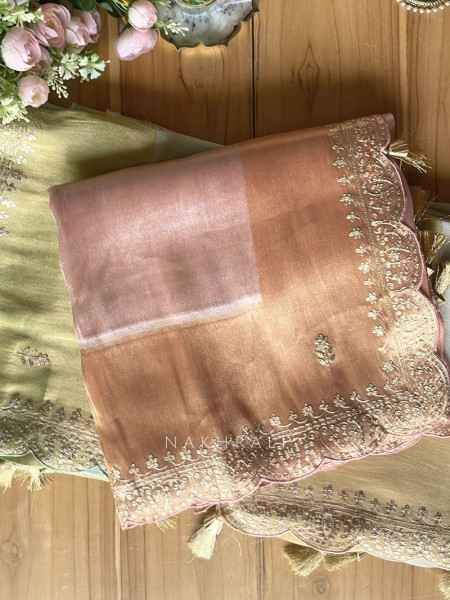 Skylight Peach Zari Weaved Saree with Embroidered Border