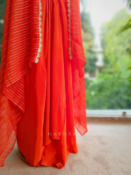 Aabha Orange Embroidered Crop Top Skirt Set with Cape
