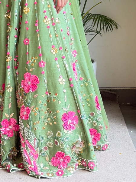 Amoret  Green Raw Silk & Tulle Carnival Lehenga Set With 3D Floral, Cutdana & Cowrie Work