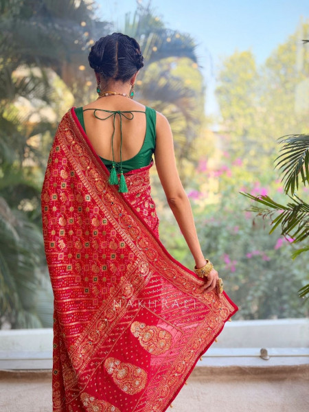Zariyah Red Bandhani Saree with Zari Weave