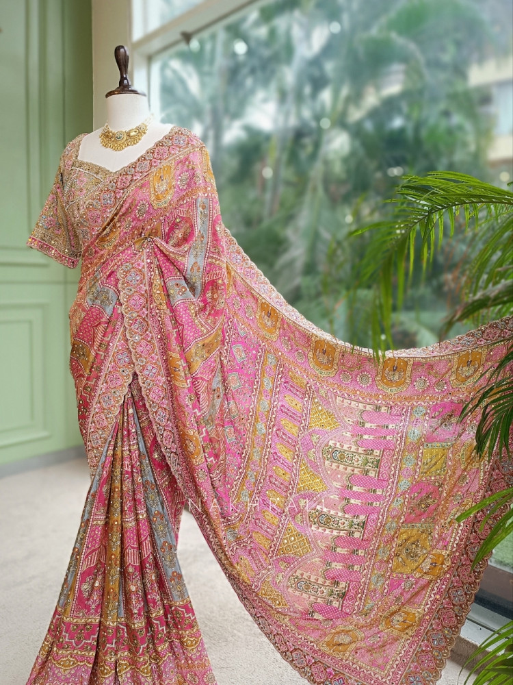Image of Abhlasha Pink Printed Saree with Readymade Blouse