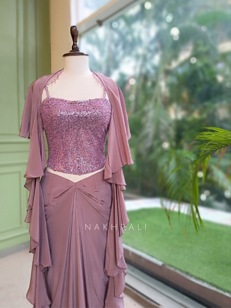 Shimmer Glow Dusty Mauve Crop Top Skirt Set With Sequin Corset & Ruffle Cape Detail