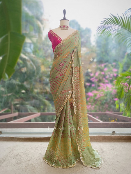 Sarang Pista Green  Bandhani Saree with Gota Border