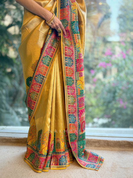 Aarunika Mustard Banarasi Silk Saree with Heritage Weave Work