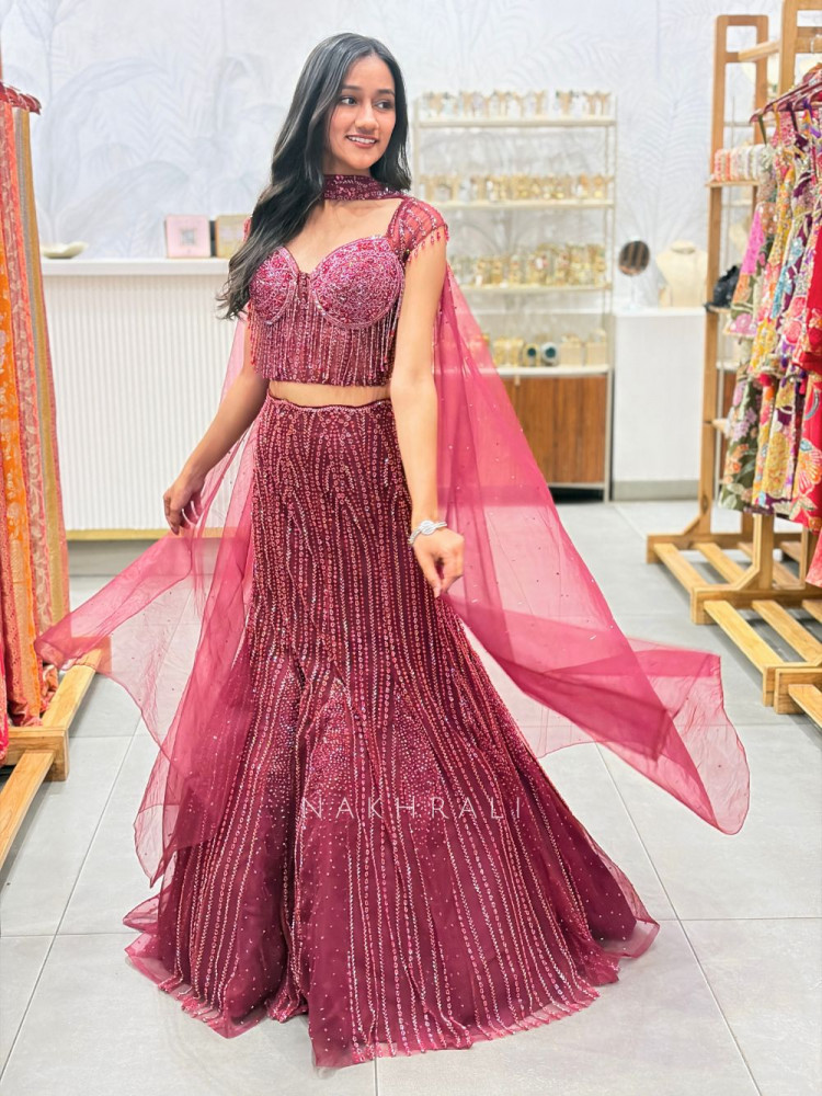 Image of Velvetique Wine Corset Mermaid Lehenga