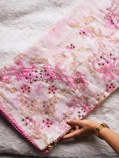 Petal Gleam Pink Floral Silk Organza Saree