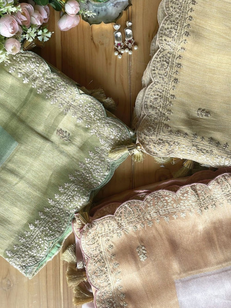 Skylight Peach Zari Weaved Saree with Embroidered Border