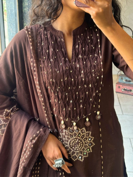Nirvani Brown Suit Set with Pintuck and Print Detail