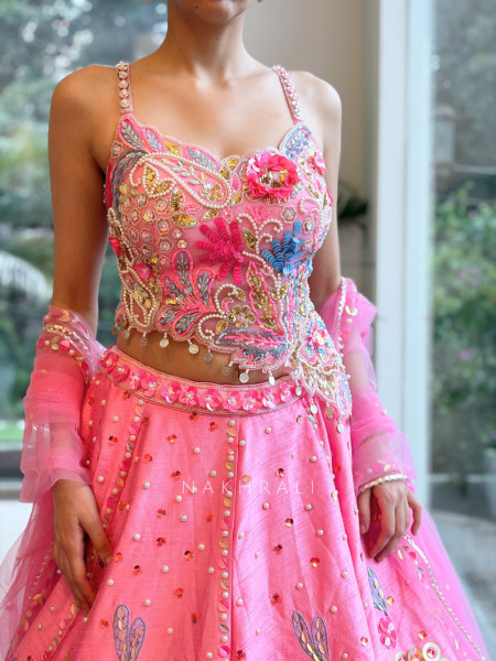 Verbena Pink Raw Silk & Tulle Carnival Lehenga Set
