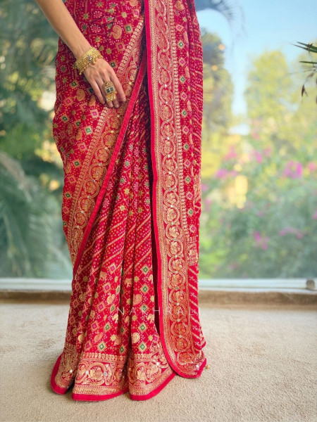 Zariyah Red Bandhani Saree with Zari Weave