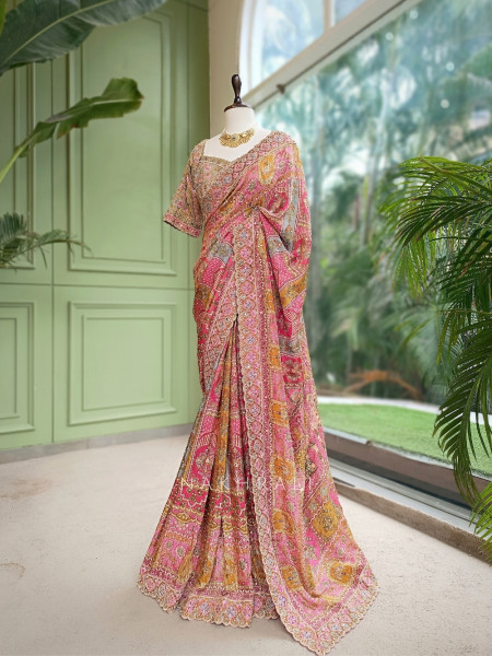 Abhlasha Pink Printed Saree with Readymade Blouse