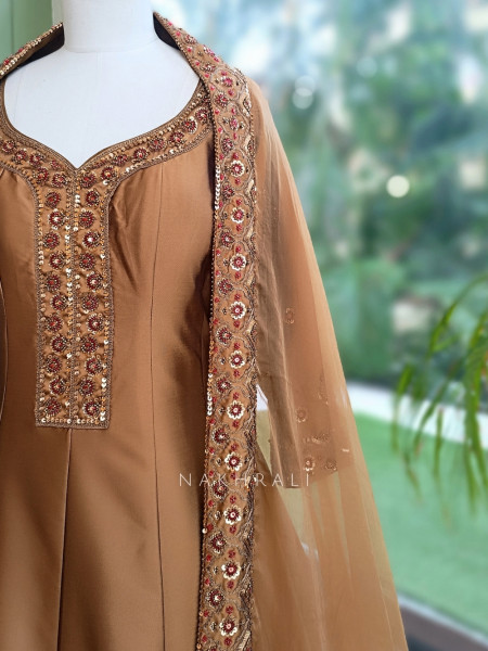 Imperial Blossom Brown Silk Blend Anarkali Suit Set